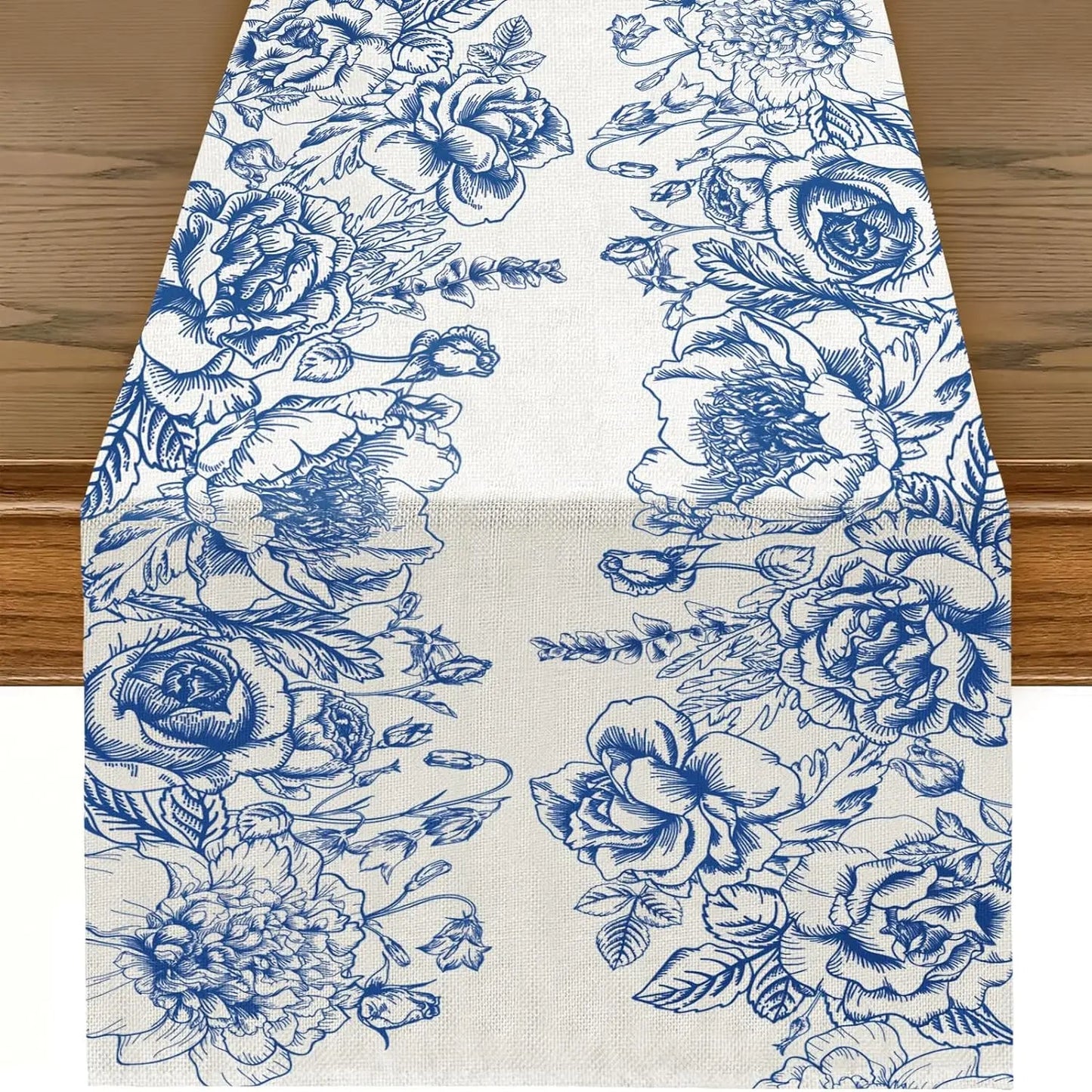 Chemin table imprimé en lin blanc motif Fleurs