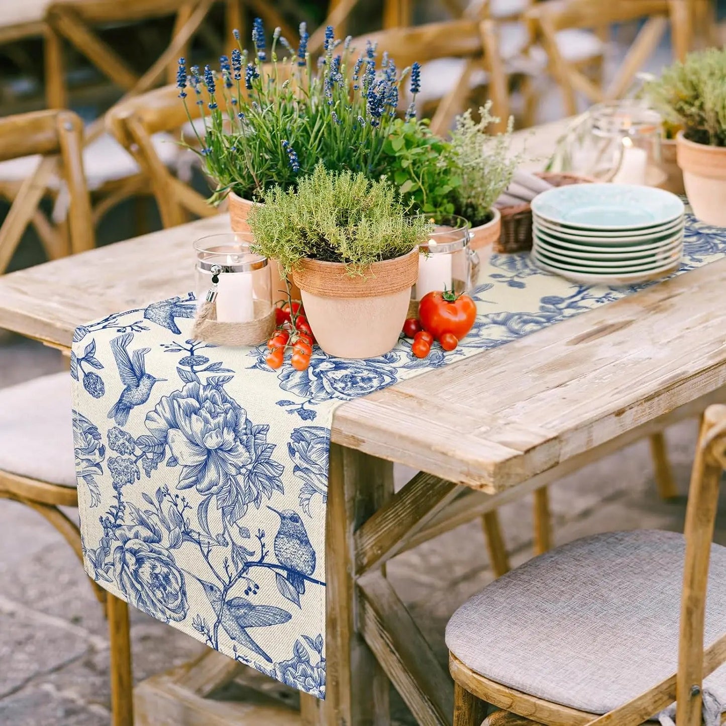 Chemin table imprimé en lin blanc motif Fleurs