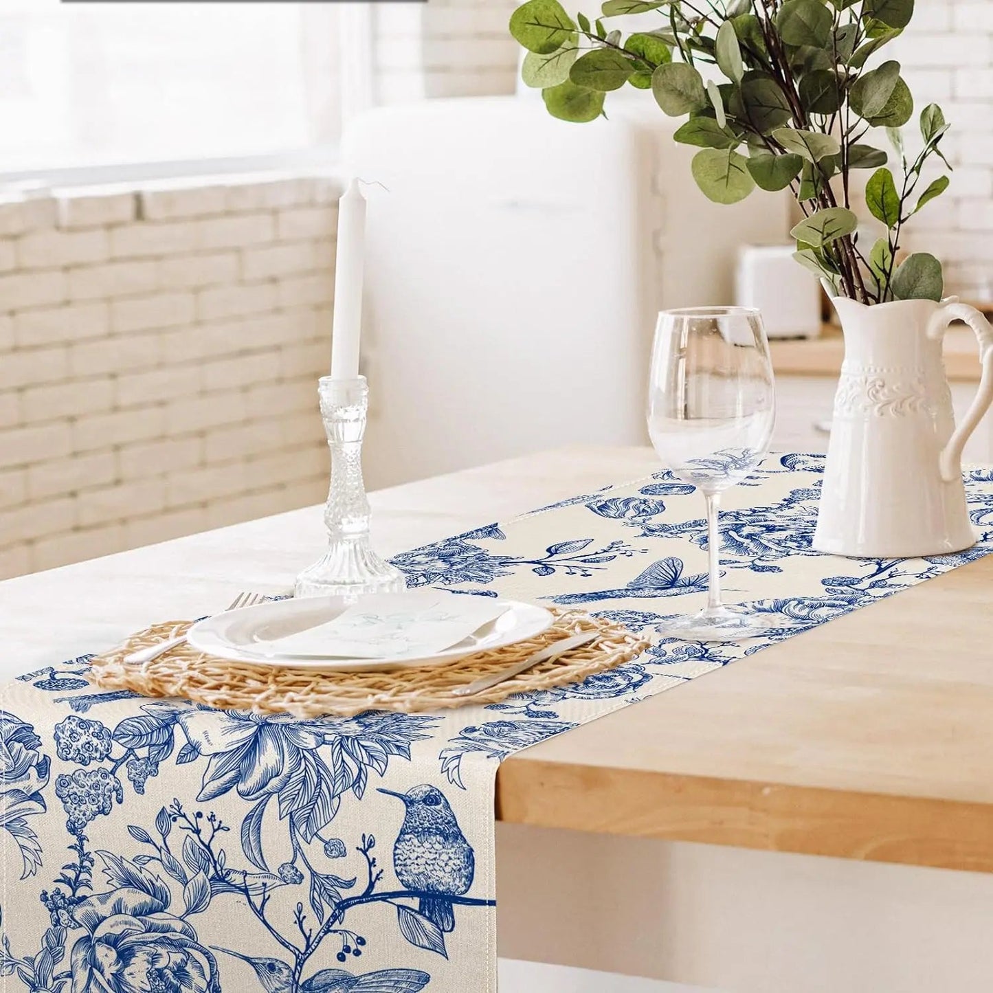 Chemin table imprimé en lin blanc motif Fleurs