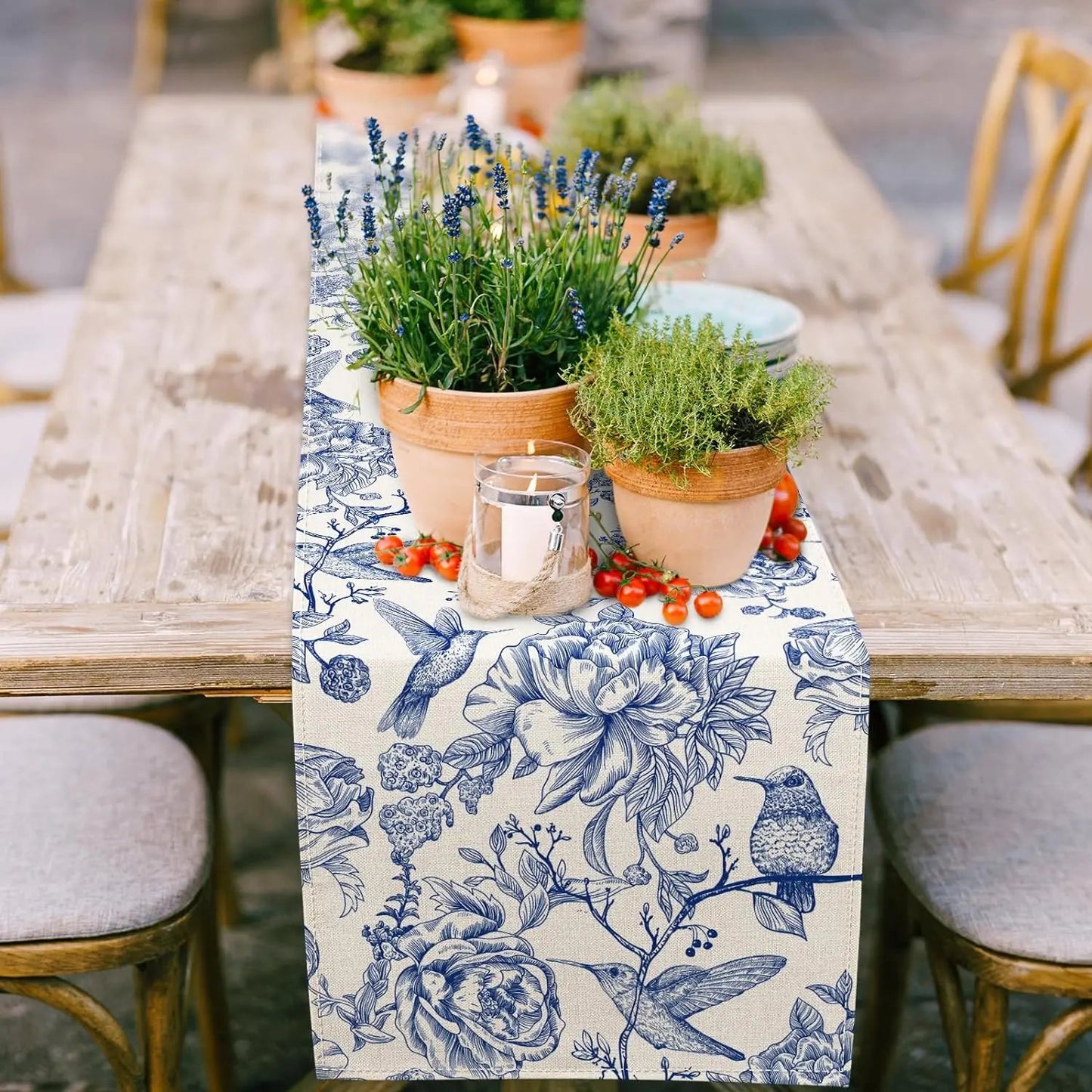 Chemin table imprimé en lin blanc motif Fleurs