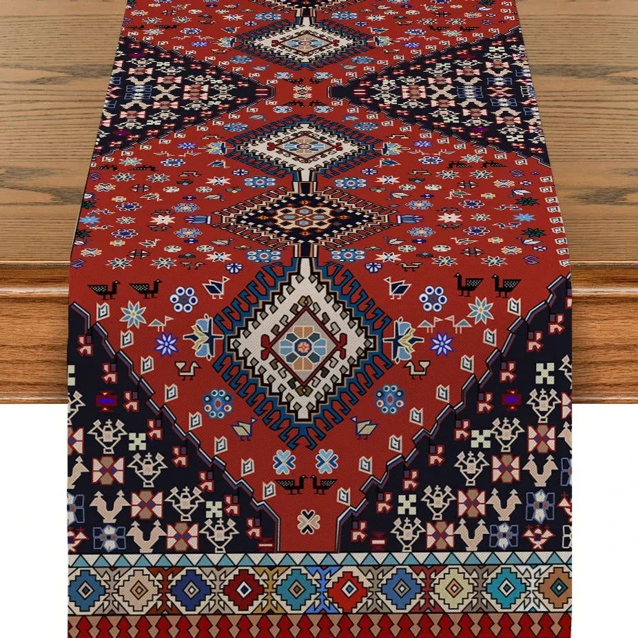 Chemin table imprimé en polyester motif ethnique Ramadan rouge