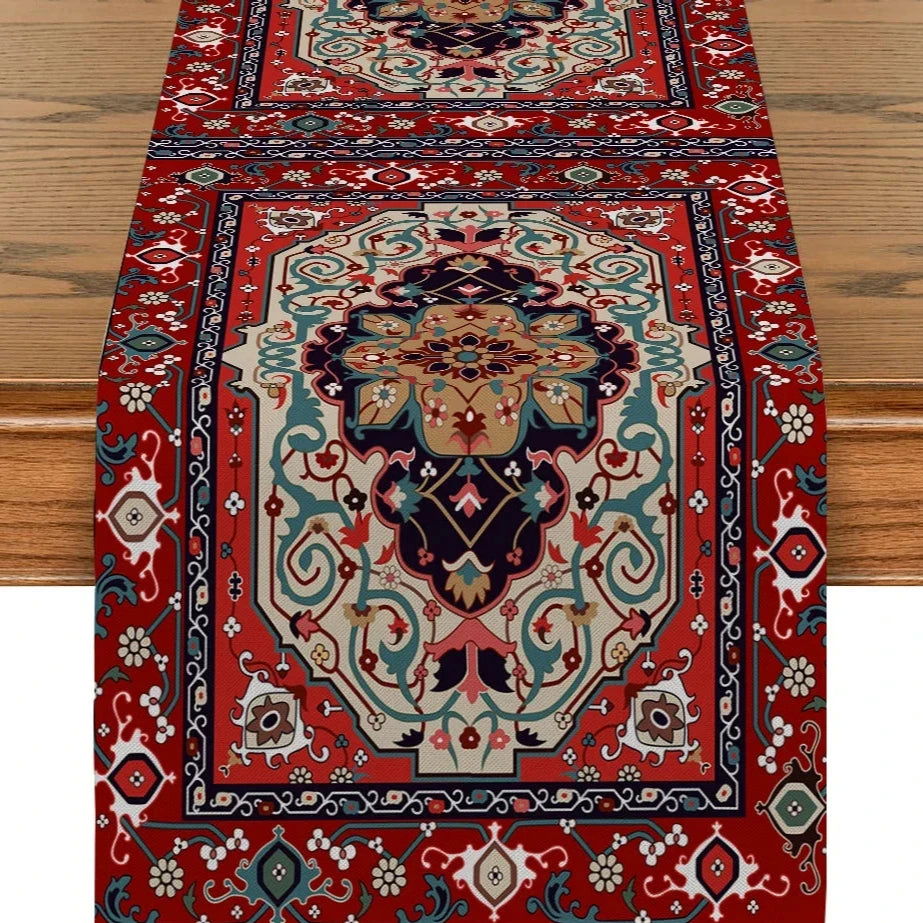 Chemin table imprimé en polyester motif ethnique Ramadan rouge