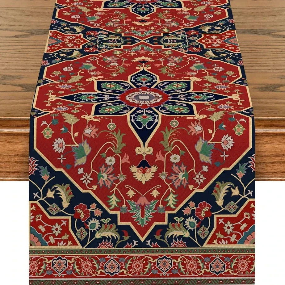 Chemin table imprimé en polyester motif ethnique Ramadan rouge