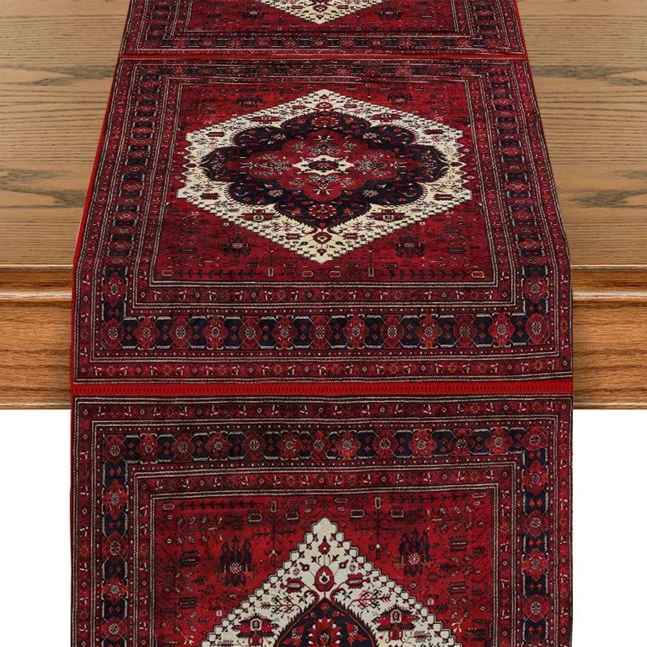 Chemin table imprimé en polyester style ethnique persan rouge