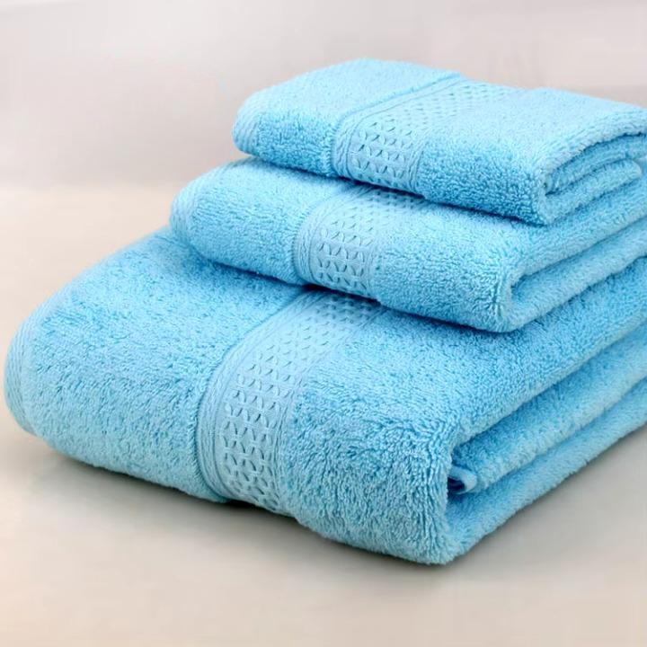 Lot 3pcs Essuie main, Serviette et Drap de bain en coton doux éponge 6 coloris soutenus 360Gr