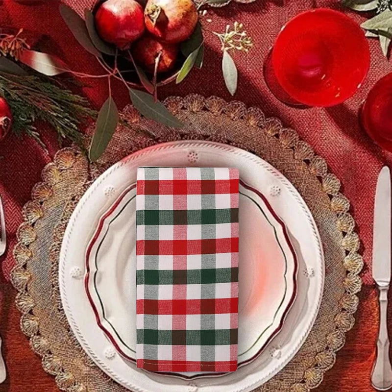 Lot 6 Serviettes Table Noël en Tartan polyester rouge et vert 40x40