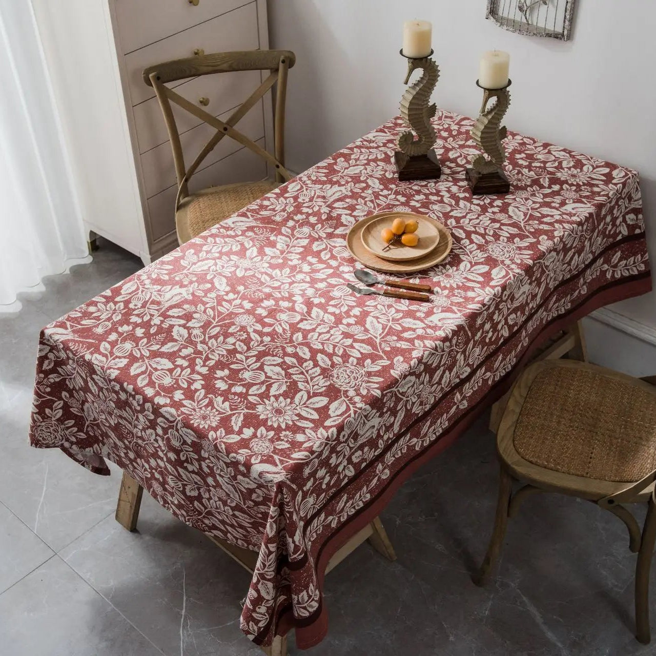 Nappe En Coton Et Lin Imprimée Fleurie Terracotta