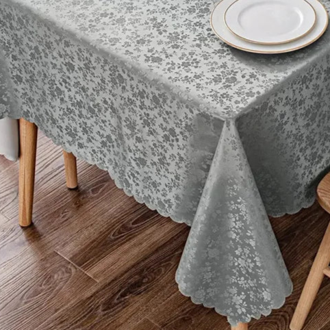 Nappe anti-tâche en polyester enduit gris motif fleuri