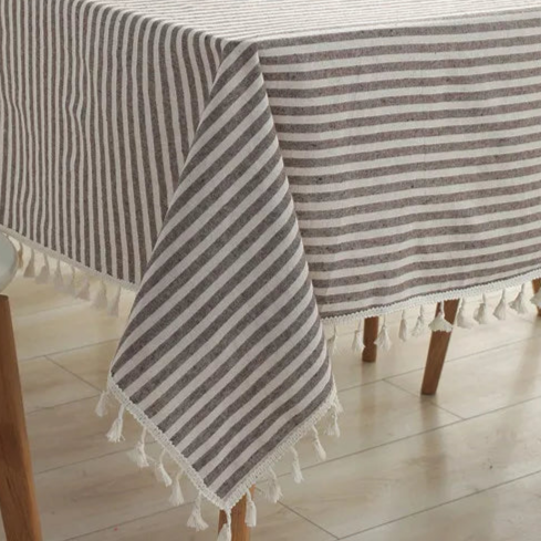 Nappe carrée rayée en coton lin marron