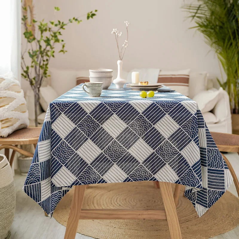 Nappe imprimée en coton lin style japonais à carreaux