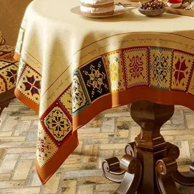 Nappe imprimée polycoton chenille à frise style Jacquard multicolore bordure orange