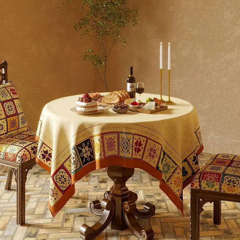 Nappe imprimée polycoton chenille à frise style Jacquard multicolore bordure orange