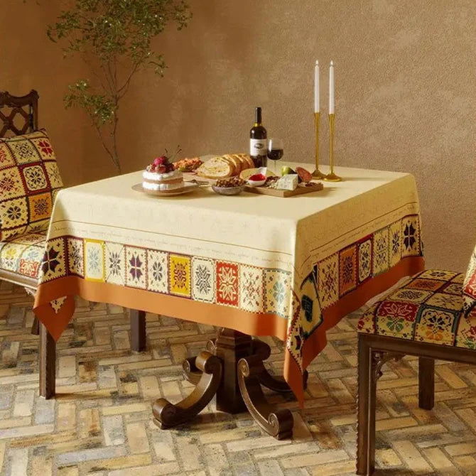 Nappe imprimée polycoton chenille à frise style Jacquard multicolore bordure orange
