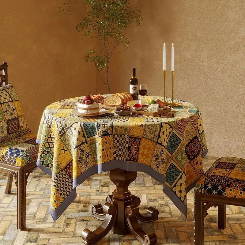 Nappe imprimée polycoton chenille style Jacquard multicolore bord bleu