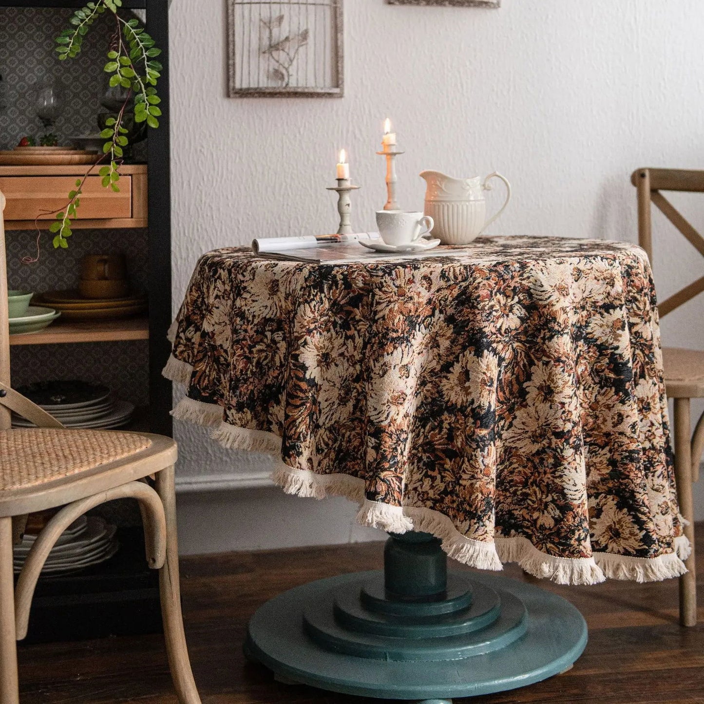 Nappe ronde Jacquard en coton lin motif fleur marron huile sur toile