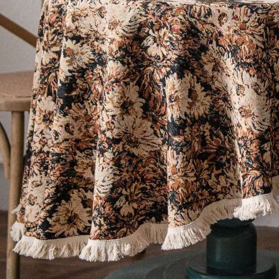 Nappe ronde Jacquard en coton lin motif fleur marron huile sur toile