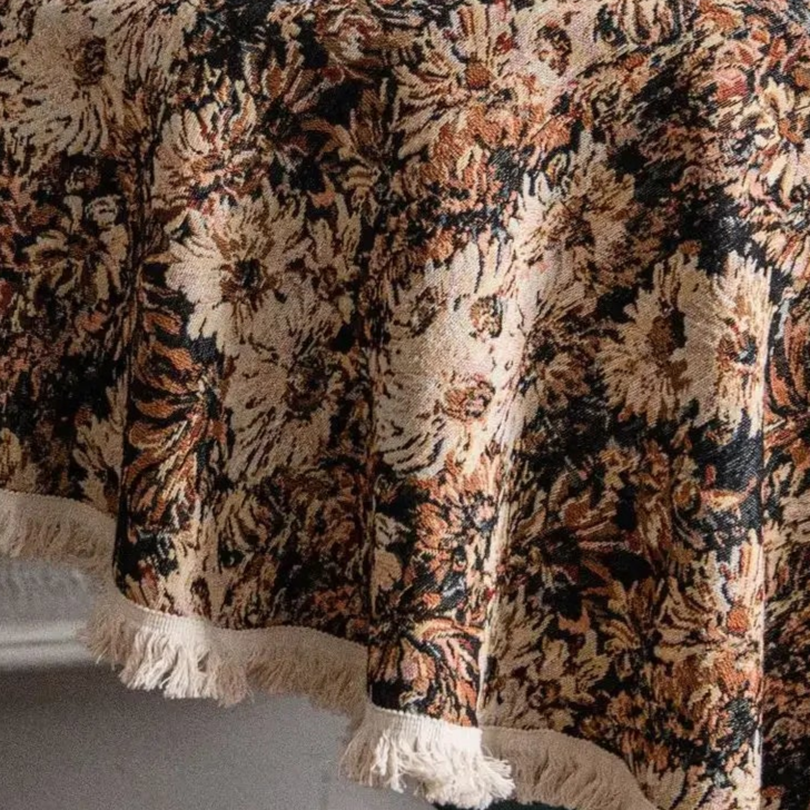 Nappe ronde Jacquard en coton lin motif fleur marron huile sur toile
