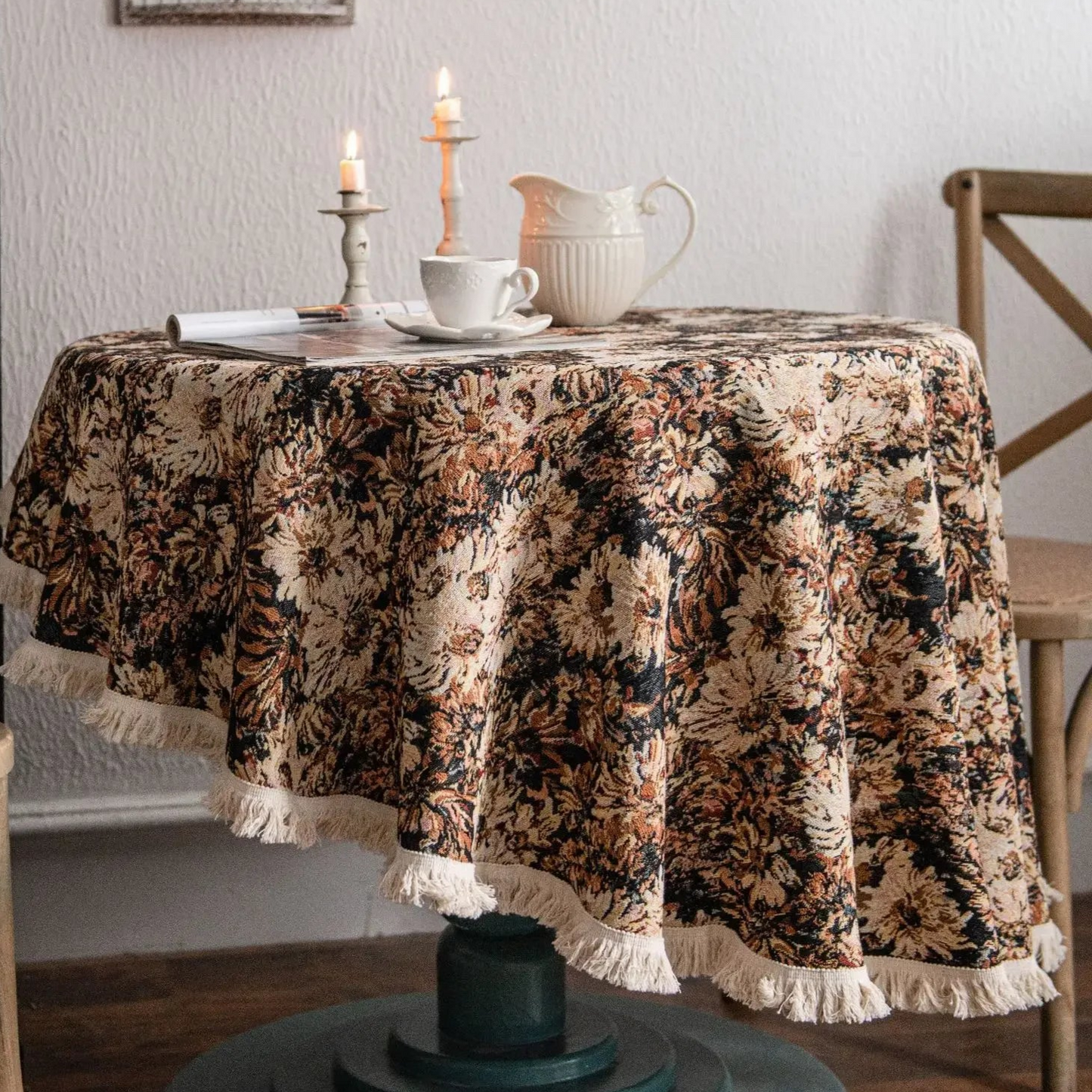Nappe ronde Jacquard en coton lin motif fleur marron huile sur toile