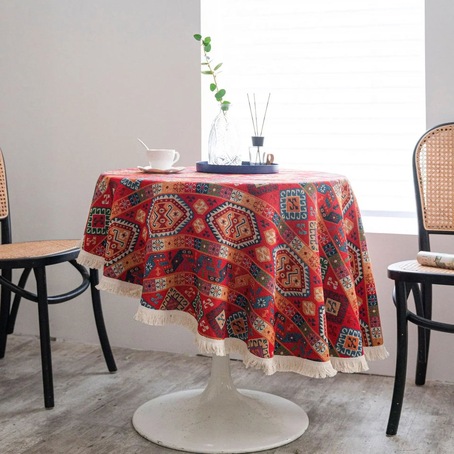Nappe ronde Jacquard en coton lin motif géométrique ethnique rouge