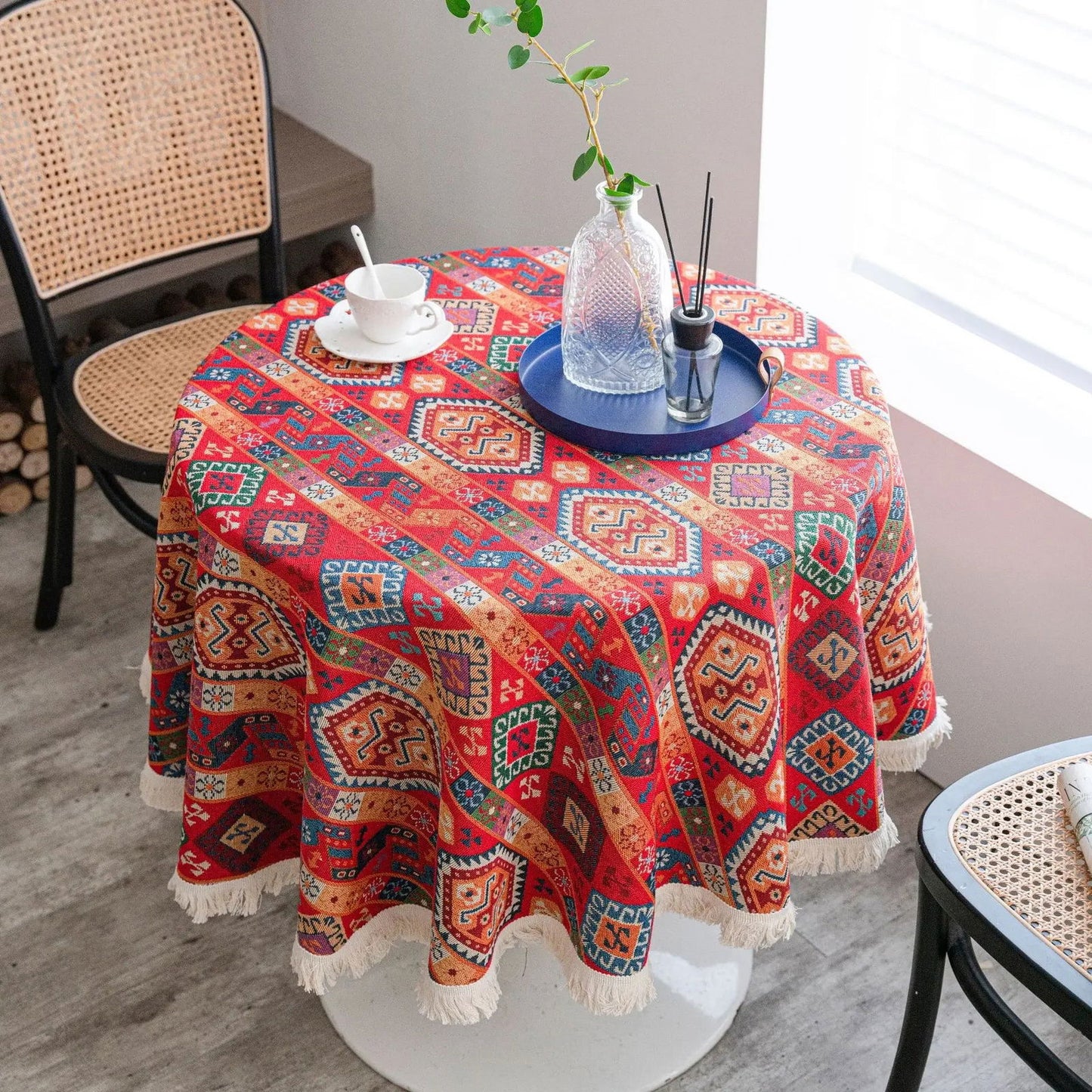 Nappe ronde Jacquard en coton lin motif géométrique ethnique rouge