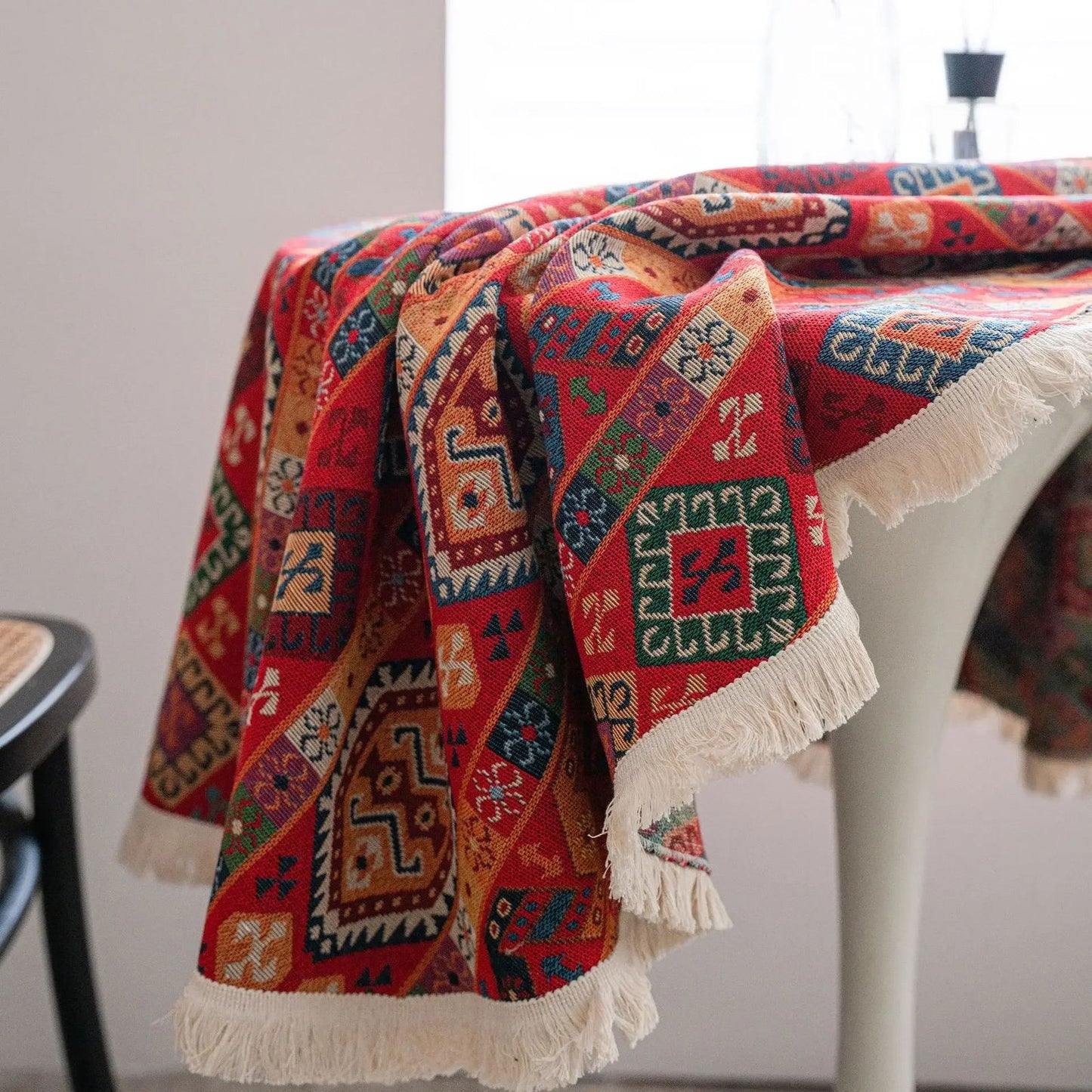 Nappe ronde Jacquard en coton lin motif géométrique ethnique rouge