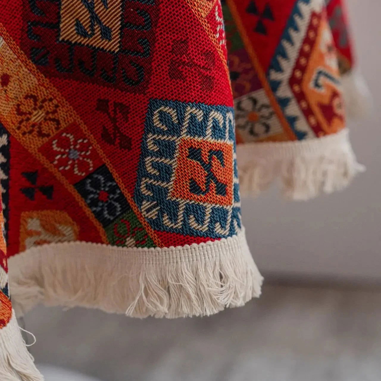 Nappe ronde Jacquard en coton lin motif géométrique ethnique rouge