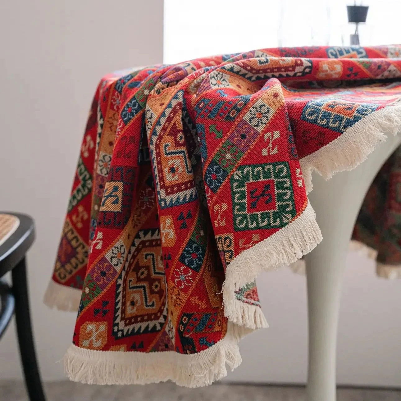 Nappe ronde Jacquard en coton lin motif géométrique ethnique rouge