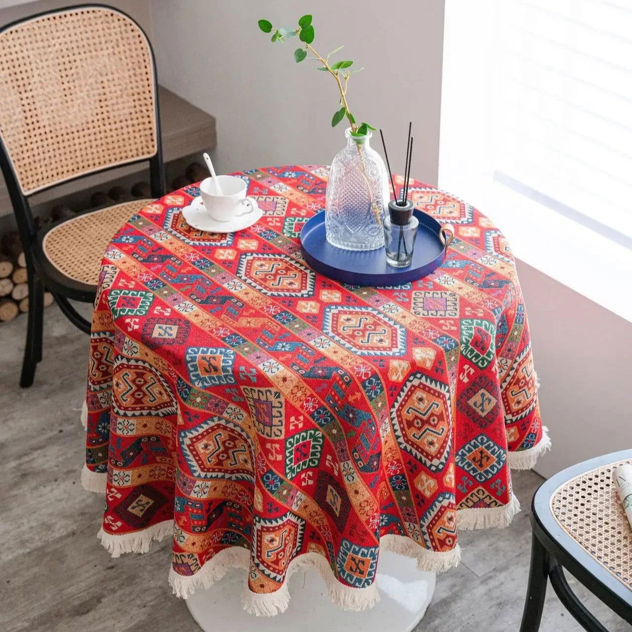 Nappe ronde Jacquard en coton lin motif géométrique ethnique rouge