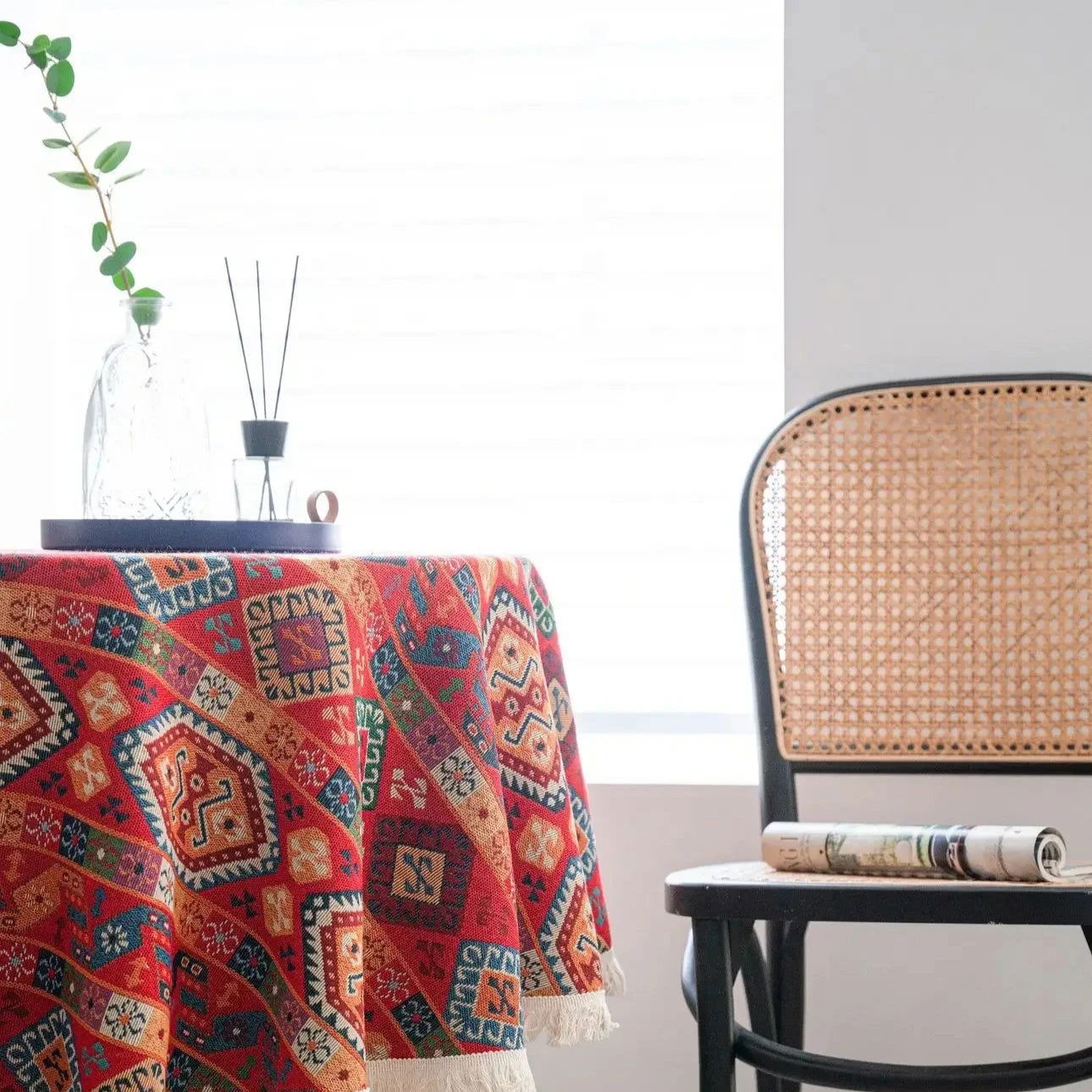 Nappe ronde Jacquard en coton lin motif géométrique ethnique rouge