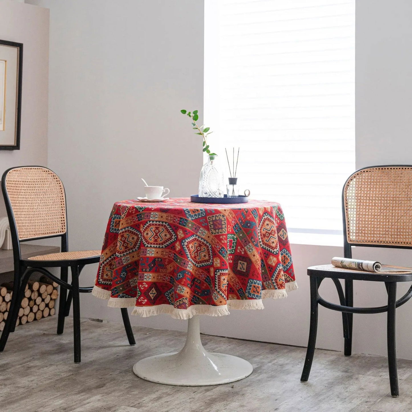 Nappe ronde Jacquard en coton lin motif géométrique ethnique rouge