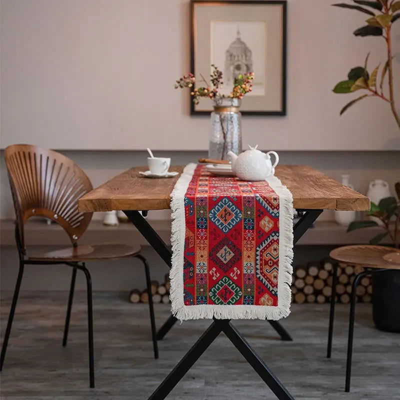 Chemin de table Jacquard en polycoton rouge vintage Mexique
