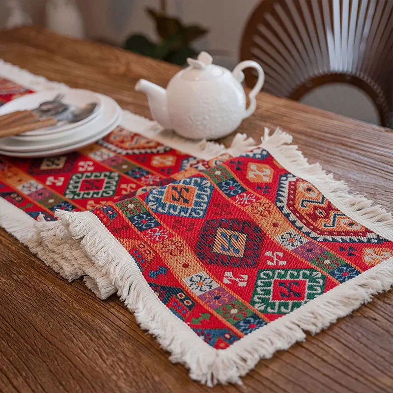 Chemin de table Jacquard en polycoton rouge vintage Mexique