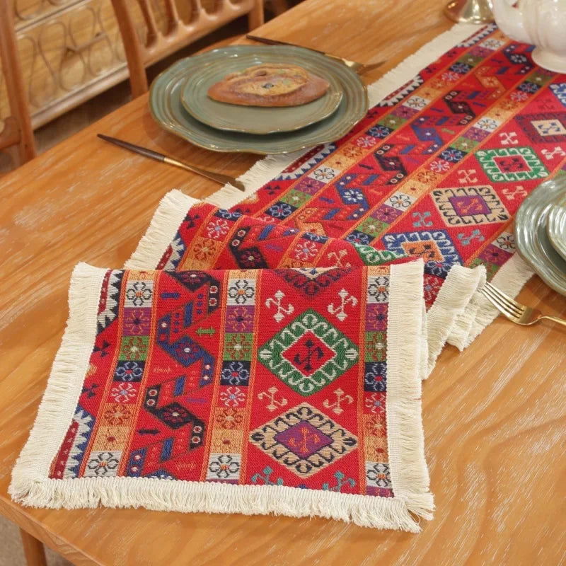 Chemin de table Jacquard en polycoton rouge vintage Mexique