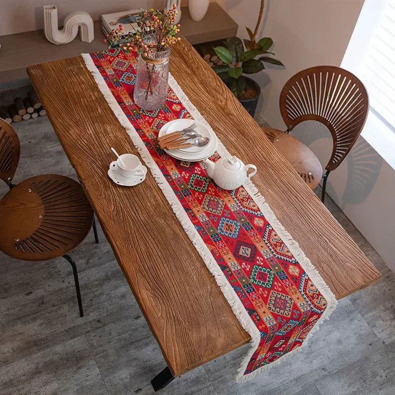 Chemin de table Jacquard en polycoton rouge vintage Mexique
