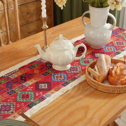 Chemin de table Jacquard en polycoton rouge vintage Mexique