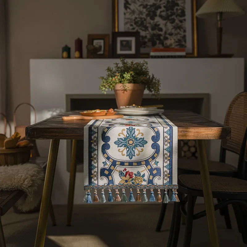 Chemin de table Noël en polycoton Jacquard vintage géométrique bleu
