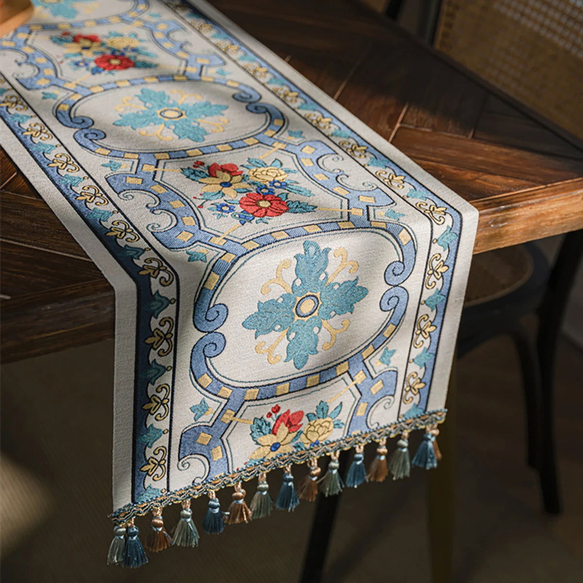 Chemin de table Noël en polycoton Jacquard vintage géométrique bleu