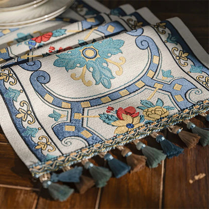 Chemin de table Noël en polycoton Jacquard vintage géométrique bleu