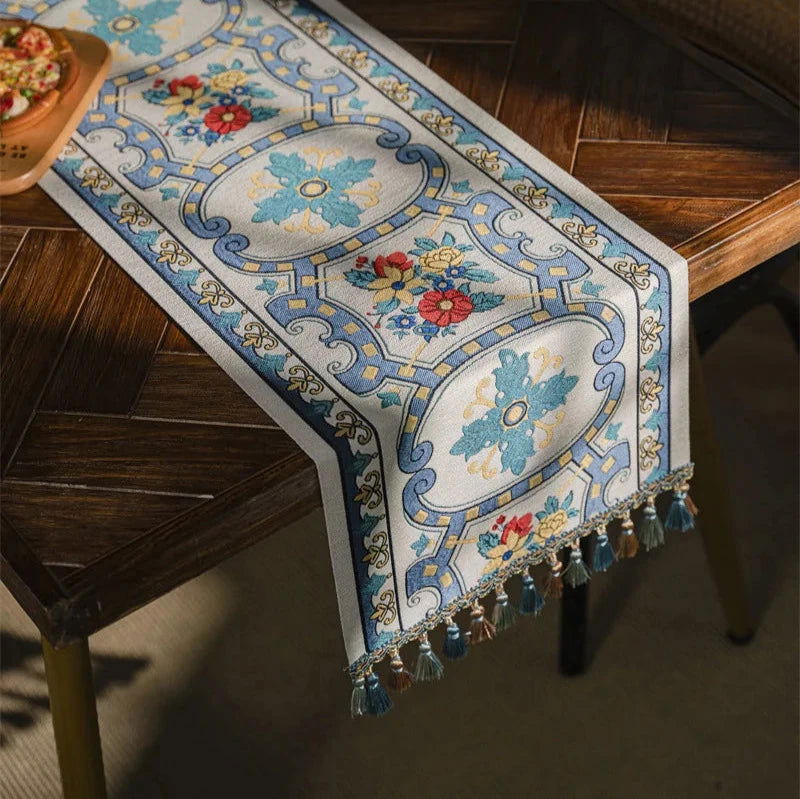Chemin de table Noël en polycoton Jacquard vintage géométrique bleu