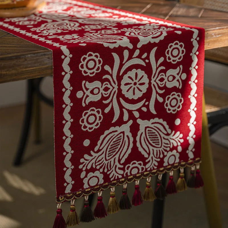 Chemin de table Noël en polycoton Jacquard vintage géométrique rouge