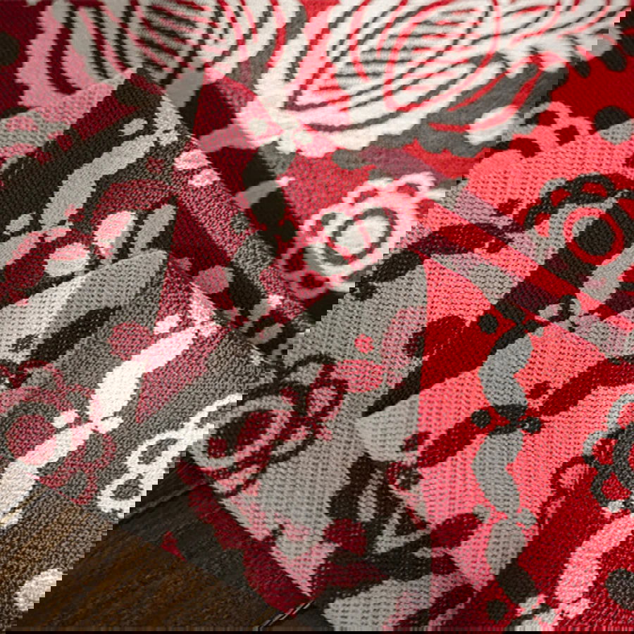 Chemin de table Noël en polycoton Jacquard vintage géométrique rouge