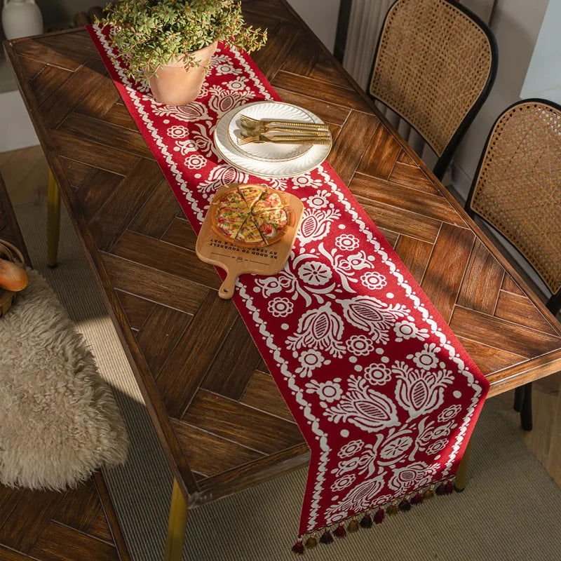 Chemin de table Noël en polycoton Jacquard vintage géométrique rouge