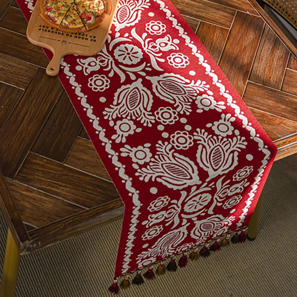 Chemin de table Noël en polycoton Jacquard vintage géométrique rouge