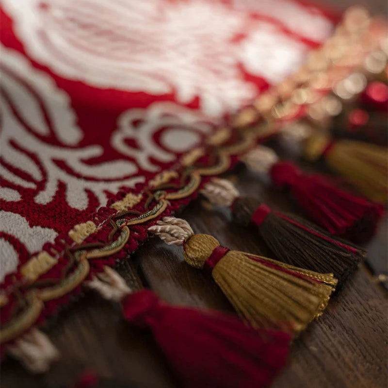 Chemin de table Noël en polycoton Jacquard vintage géométrique rouge