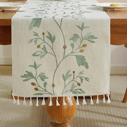 Chemin de table brodé en coton lin beige style végétal bleu