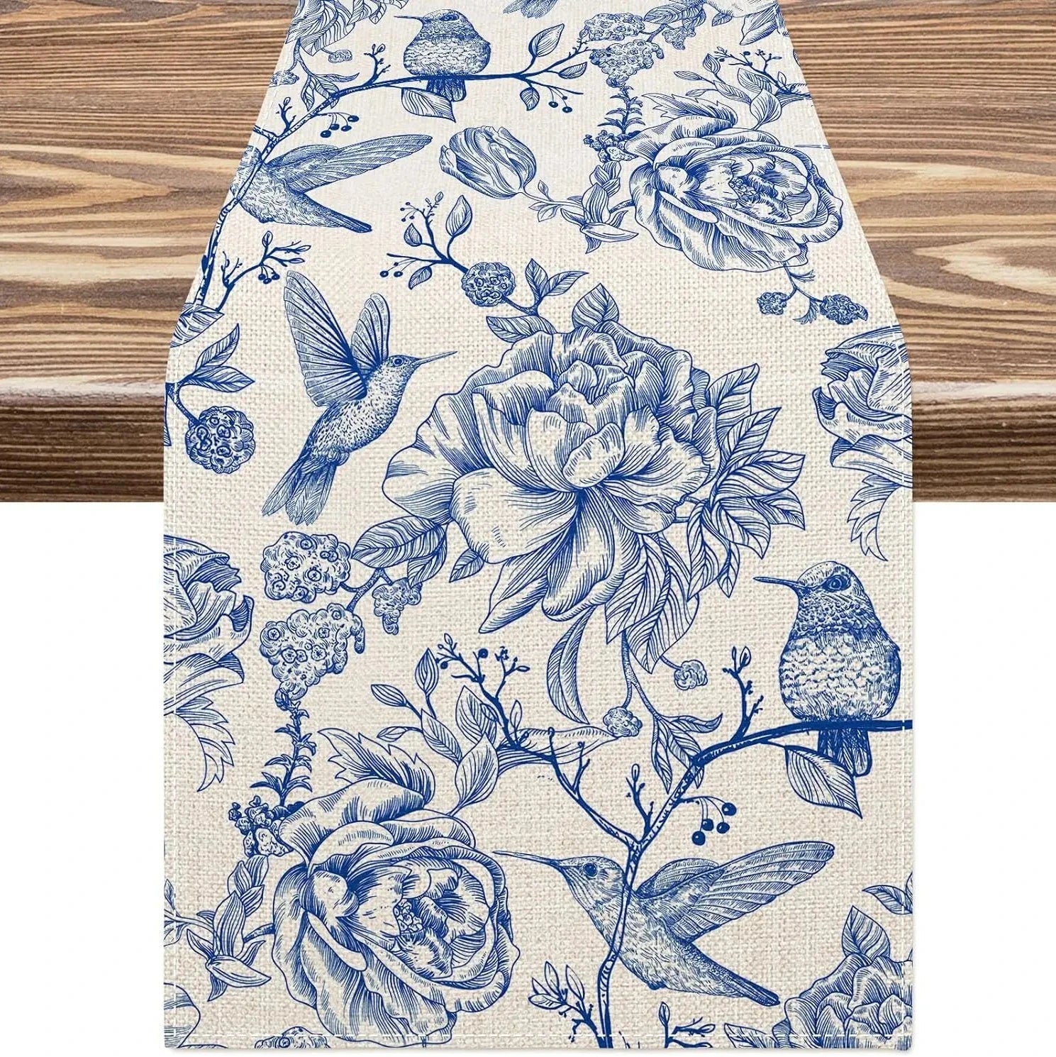 Chemin table imprimé en lin blanc motif Colibris