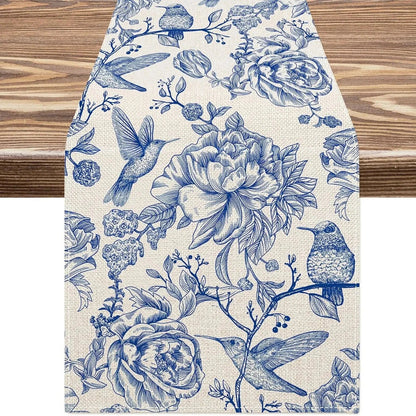 Chemin table imprimé en lin blanc motif Colibris