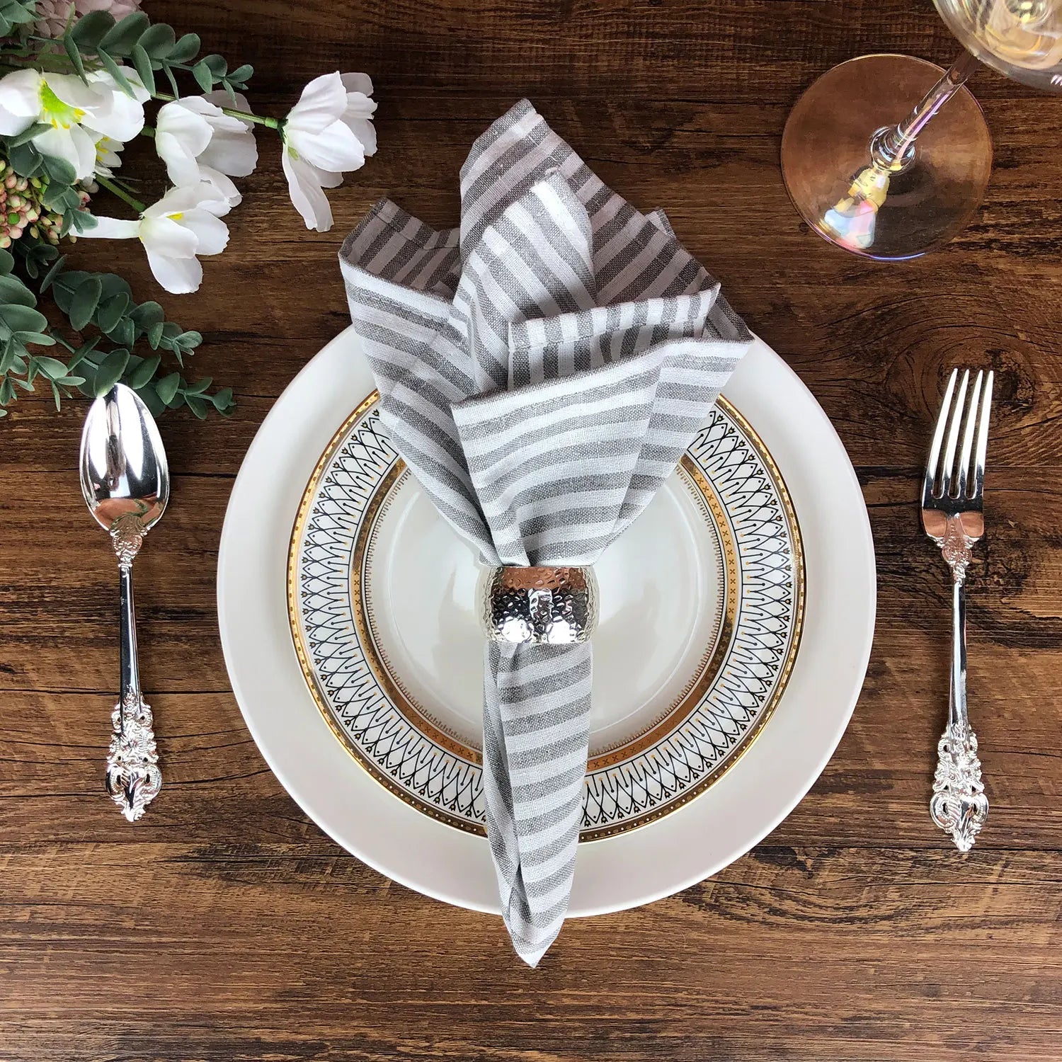 Lot de 12 serviettes de table Tartan rayé en polycoton lin beige 43x43
