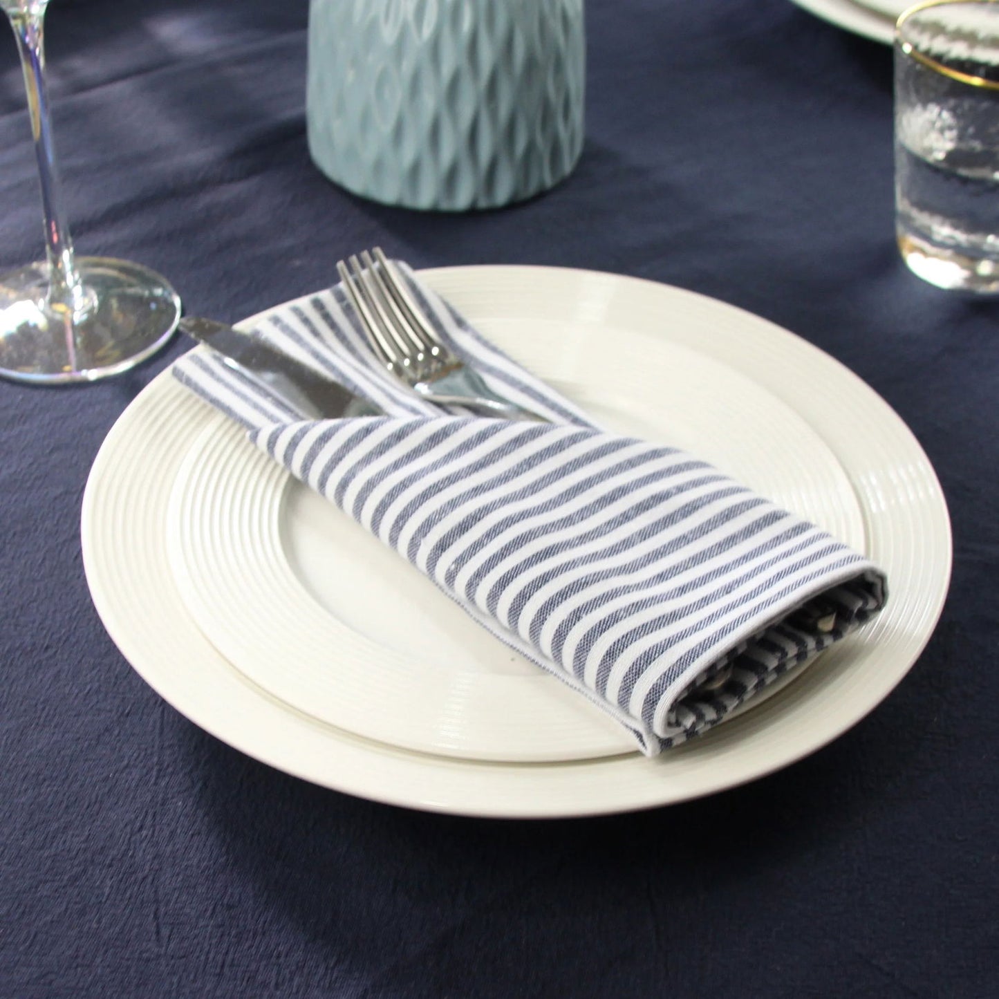 Lot de 12 serviettes de table Tartan rayé en polycoton lin noir 43x43