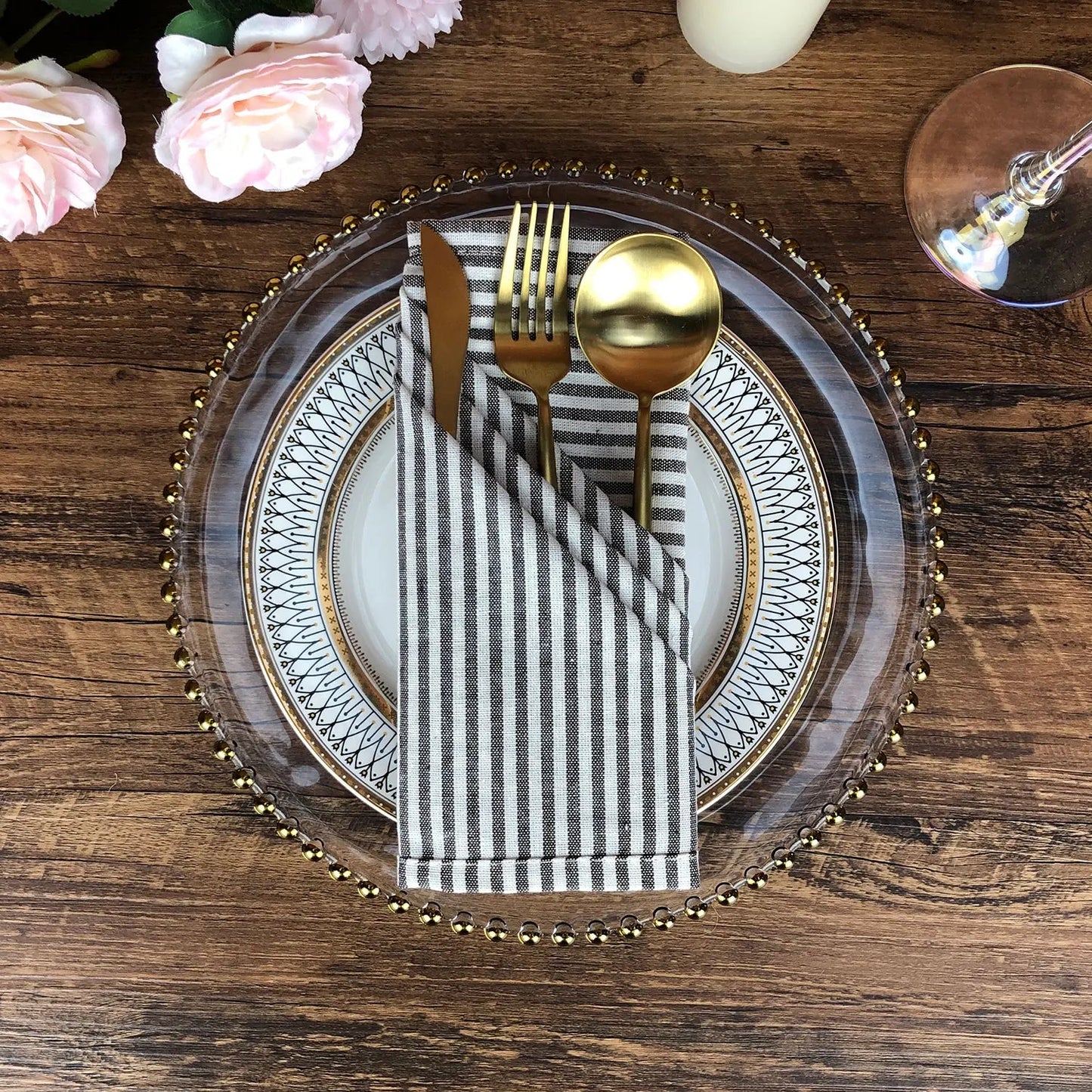 Lot de 12 serviettes de table Tartan rayé en polycoton lin noir 43x43